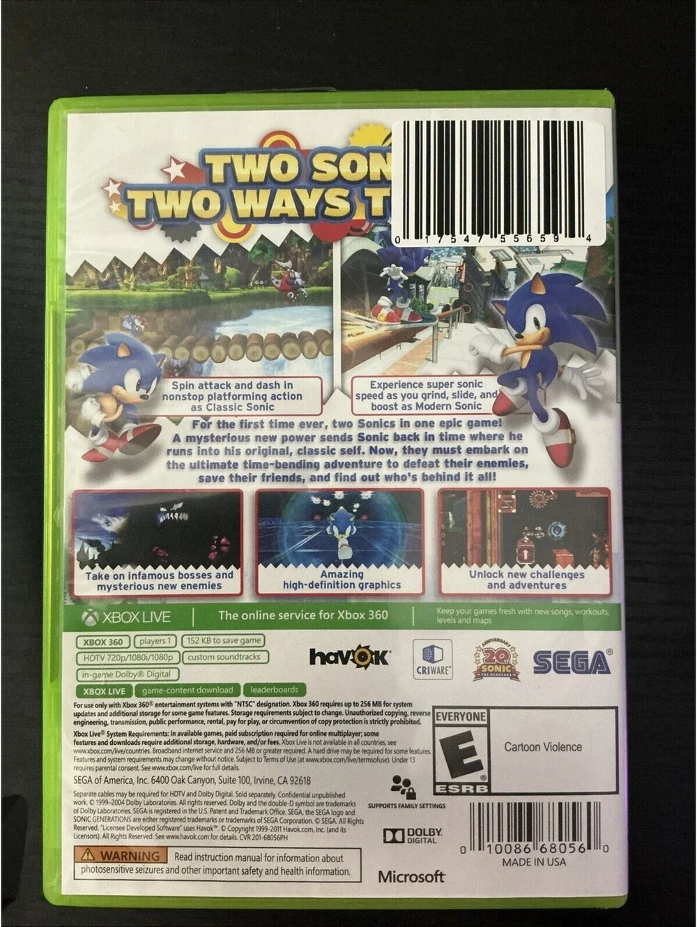 Sonic Generations - Microsoft Xbox 360 - Missing Manual - Tested